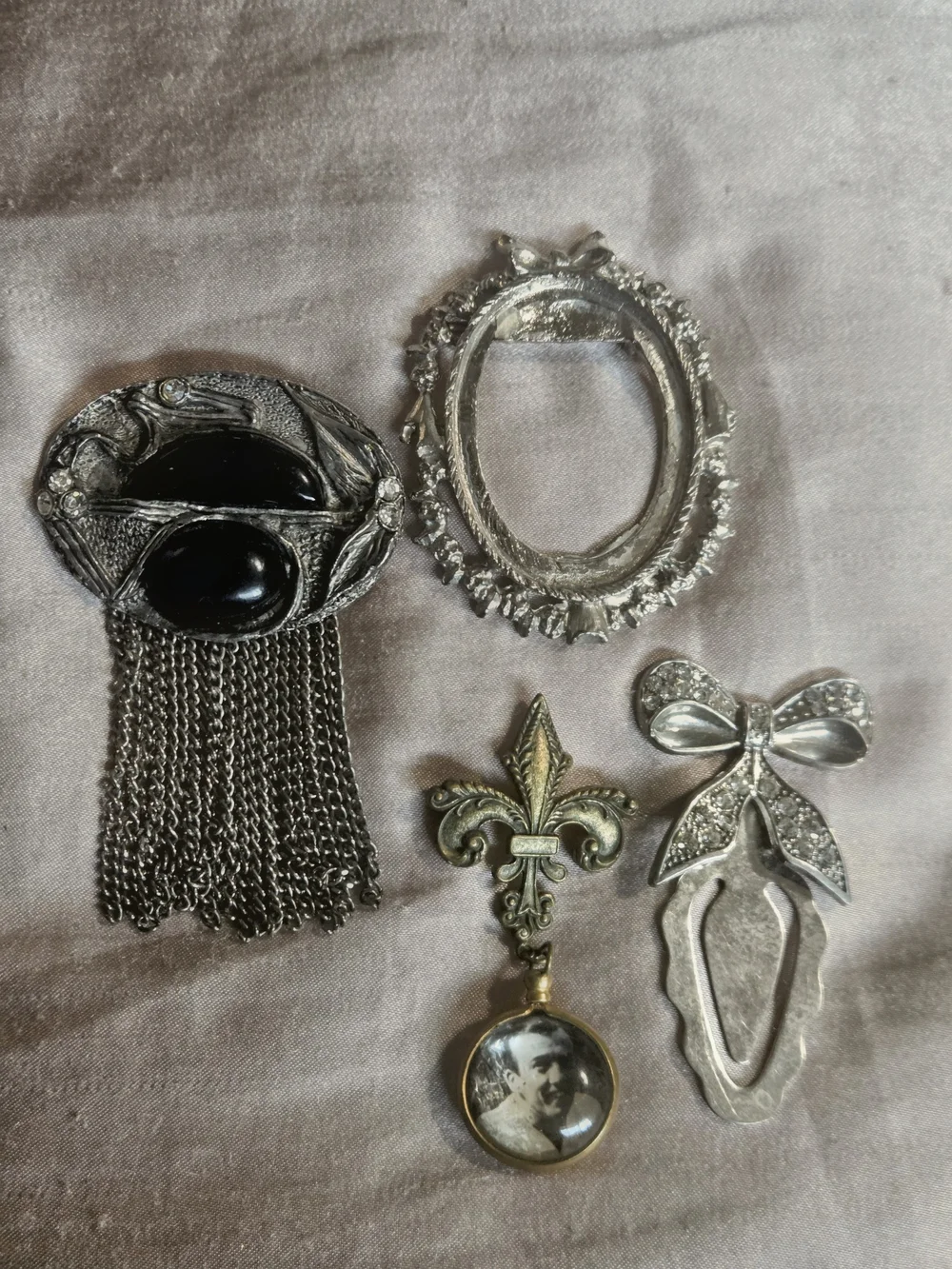 Vintage Silver Tone Brooches and Bookmark Lot Of 4